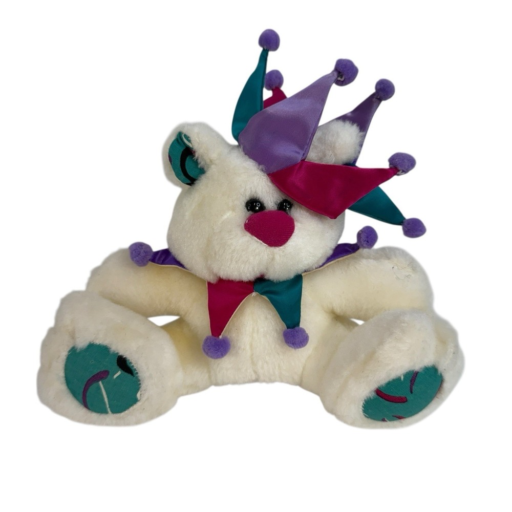 Vintage Cloud 9 Jester Joker White Teddy Bear Stuffed‎ Animal Plush Toy 9"
